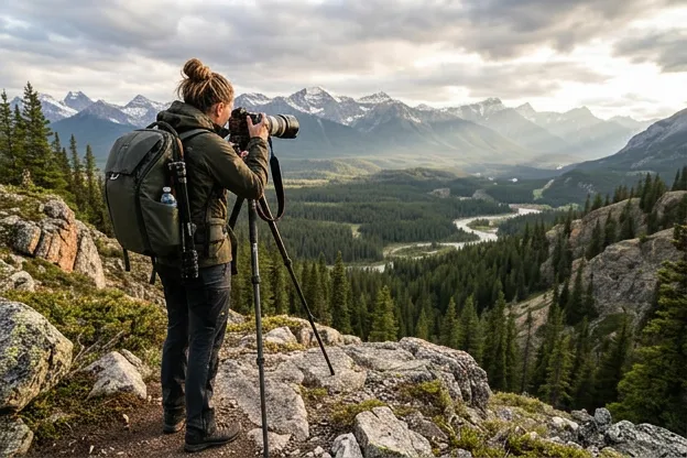Professional photographer with camera in outdoor landscape setting photographing nature, back view only no face