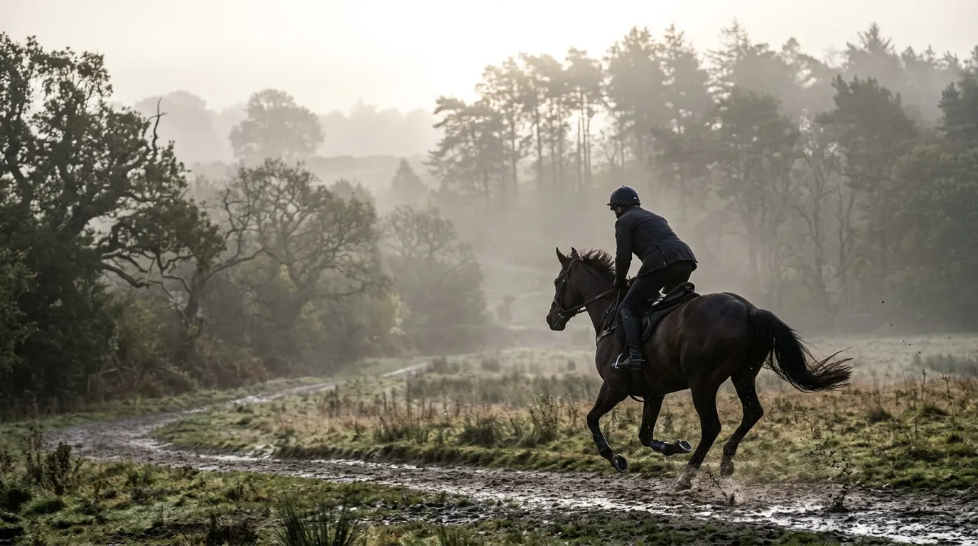 Horse and rider galloping through misty morning landscape with trees, soft natural light, photorealistic, professional, no people faces visible