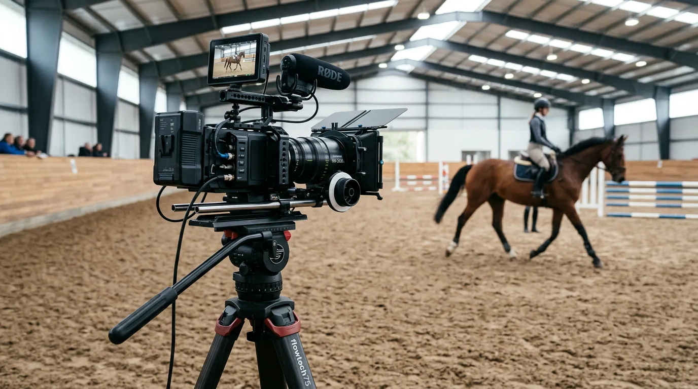 Professional camera setup on tripod filming a horse training session in an arena, modern equipment