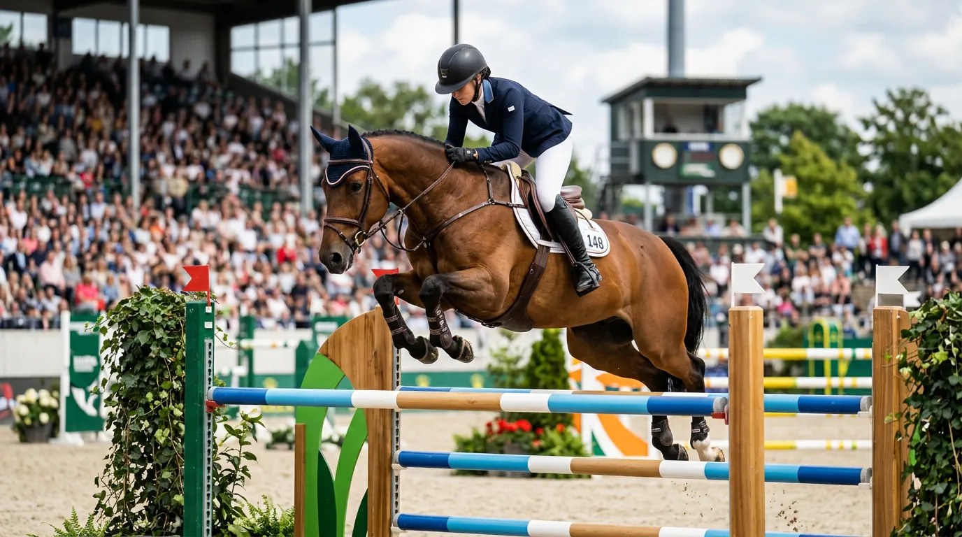 Horse and rider jumping over obstacle at equestrian competition, captured mid-jump in stadium, photorealistic, professional, no people faces