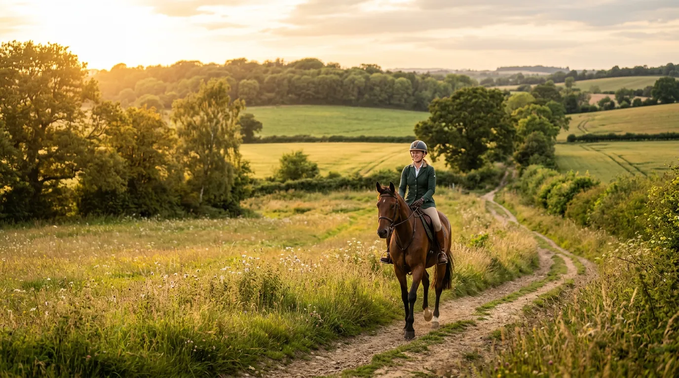 Horse and rider riding through natural landscape with fields and trees in background, golden hour lighting, peaceful countryside scene