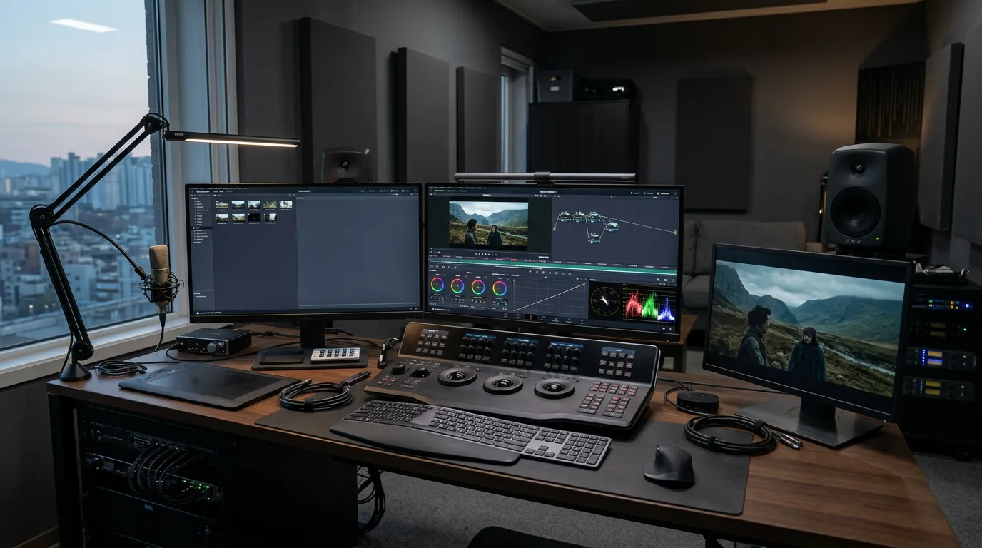 Professional video editing workstation with computer monitors showing color grading interface, modern editing suite